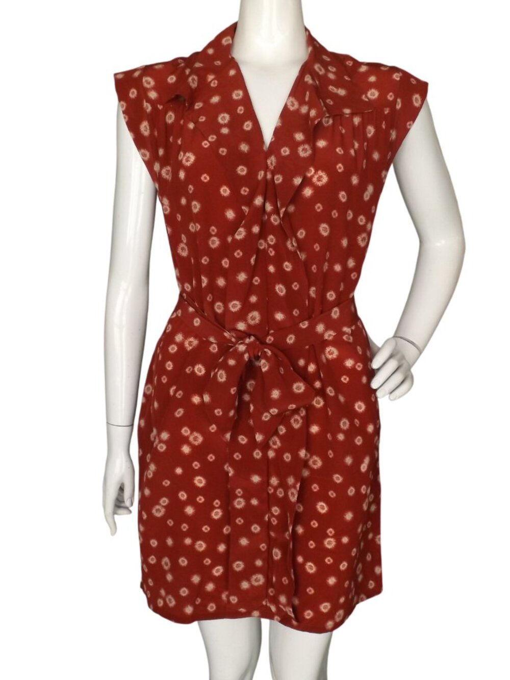 TOMAS MAIER Dress, 10/12, Rust/Cream Bursts, Belted, Pockets, V-neckline